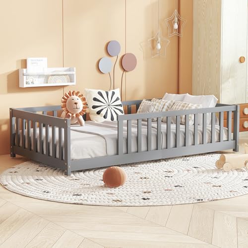 Bellemave Twin Floor Bed with Slats and Guardrails, Wood Montessori Floor Beds with Fence, Easy...