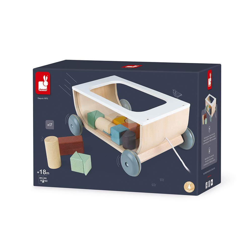 Janod - Chariot de Cubes Sweet Cocoon - Jouet d'Eveil 2 en 1, Chariot de Marche en Bois à Tirer + Jeu d'Empilement avec 17 Cubes en bois - Peinture à l'Eau - A Partir de 12 mois, J04407