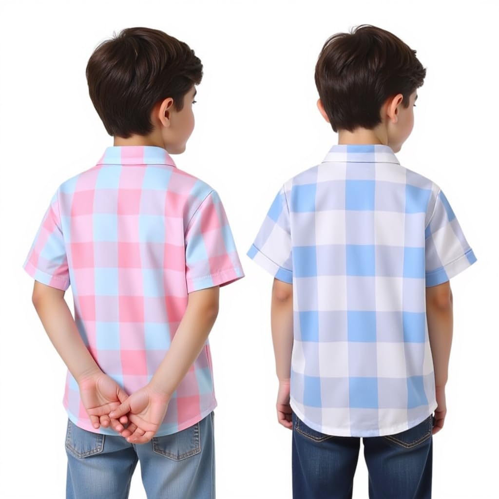 VANI COUTURE Boys Short Sleeve Button Down Shirts, Plaid Pattern, Pack of 2, Brown-Navy and Pink-Blue Check 1
