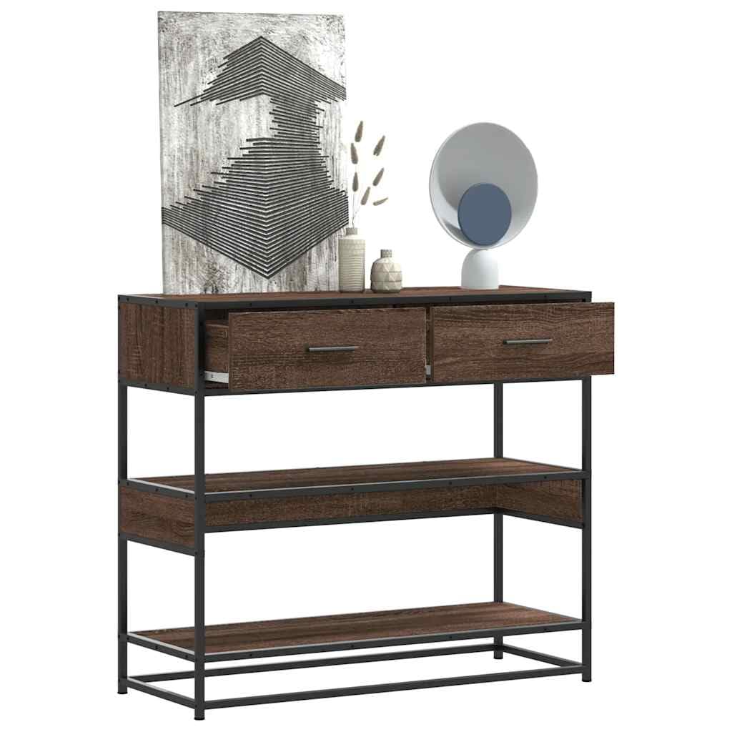 SXZenSpace Console Table 90x35x80 cm Brown Oak Engineered Wood Shelf Drawer Industrial Slim Hallway Sofa Side Furniture for Living Room Bedroom Corridor