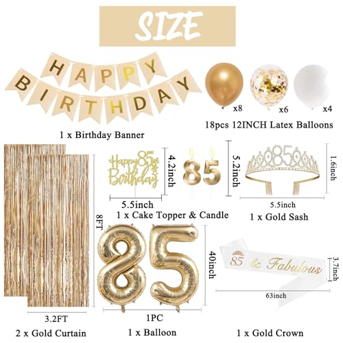 Image of Trgowaul 85th Birthday Decorations for Women, Banner, Sash and Crown, Cake Topper, 85 Number Balloon, Fringe Curtains, Champagne Gold 85th Birthday Party Supplies
