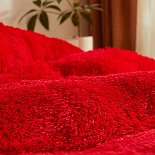 Red Fluffy Comforter Cover Shaggy Plush Set,Ultra Soft Faux Fur Duvet Cover Bedding Sets Queen 3 Pieces With Pillow Cases, Red Fuzzy Bed Set Zipper Closure (Red, Queen) #TOP5