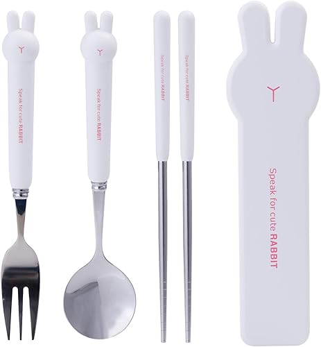 Lindo conejo reutilizable de acero inoxidable tenedor cuchara palillos con estuche, juego de cubiertos de viaje de conejo para oficina, viajes,