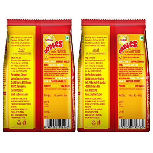 Image of Saffola Oodles, Instant Noodles, Ring Shape, Yummy Masala Flavour, No Maida, Whole Grain Oats, 8 X 46G Pouch (8 Serves) - Yummy Masala