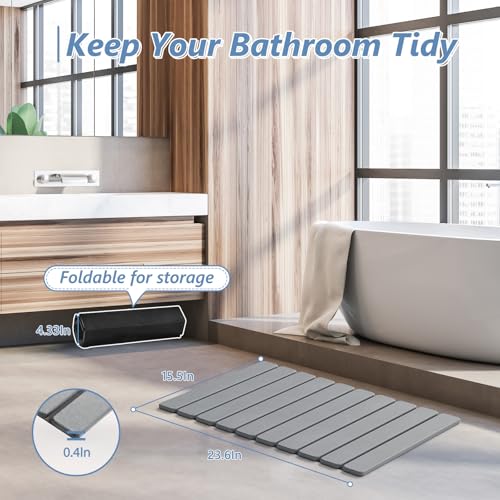 Image of AWW Foldable Stone Bath Mat, Quick Dry Diatomaceous Earth Bath Mat with Non-Slip Mat, Super Absorbent, Easy to Clean, Compact for Small Bathrooms, 23.6 x 15.5, Grey