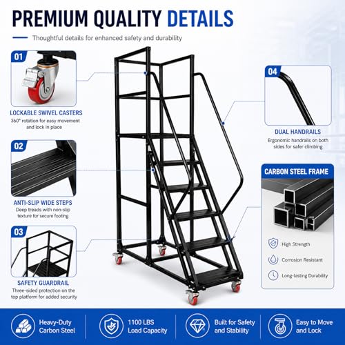 Image of 6-Step Rolling Warehouse Step Ladder, Lockable Wheels, Non-Slip Wide Steps, Dual Handrails, Movable Platform Ladder, Rolling Stairs for Warehouse, Supermarket, Library (Black, 6 Steps)