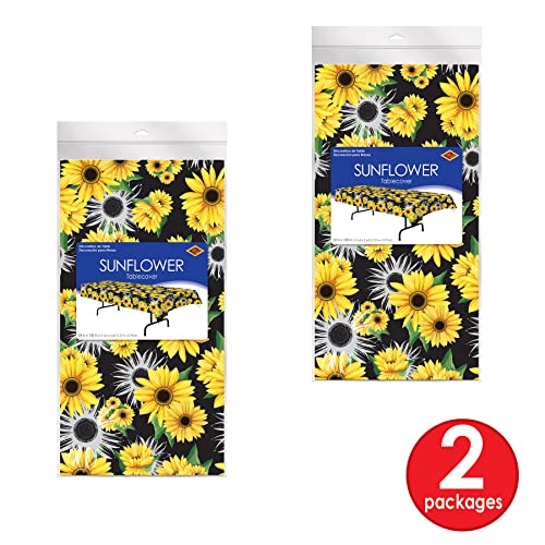 Image of Beistle Sunflower Tablecovers - 2-Pack Disposable Plastic Table Covers for Summer Parties, Rustic Farmhouse Events, Garden Celebrations and Fall Sunflower-Theme Decorations, 54 inch x 108 inch