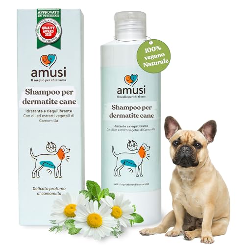 amusi Shampoo per Cani con Dermatite 250ml - Made in Italy, Shampoo Cane Antiprurito, Effetto Calmante per Cute Sensibile - Cane Dermatite Ideale per Tutti i Tipi di Pelo e Cute Irritata