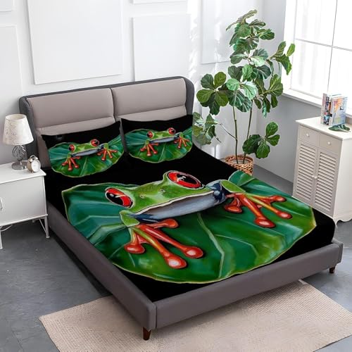 Sabana Bajera 135x190 Rana ArboríCola Sabanas Bajeras Estampadas Hojas Verdes Sábana Bajera Ajustable Suaves, Elastico Funda Colchon con 2 Funda Almohada 50x80 cm, para Colchón de 30cm de Altura