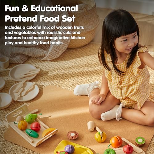 Image of PlanToys Wooden Fruits & Vegetables Cutting Set | Montessori-Inspired Play Food for Toddlers | Pretend Play Kitchen Toy with Knife and Tray | Educational Fine Motor Toy