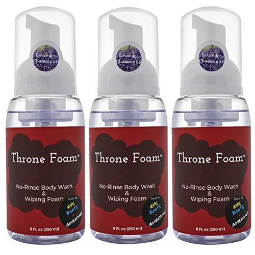 Throne Foam Waterless Cleansing Foam: No Rinse Body Wash & Wiping Foam - Foaming Shower in a Bottle for Camping, RVs, Boats - Wet Wipes Bathing Alternative - Lavender Chamomile, 8 Fl Oz, 3 Pack