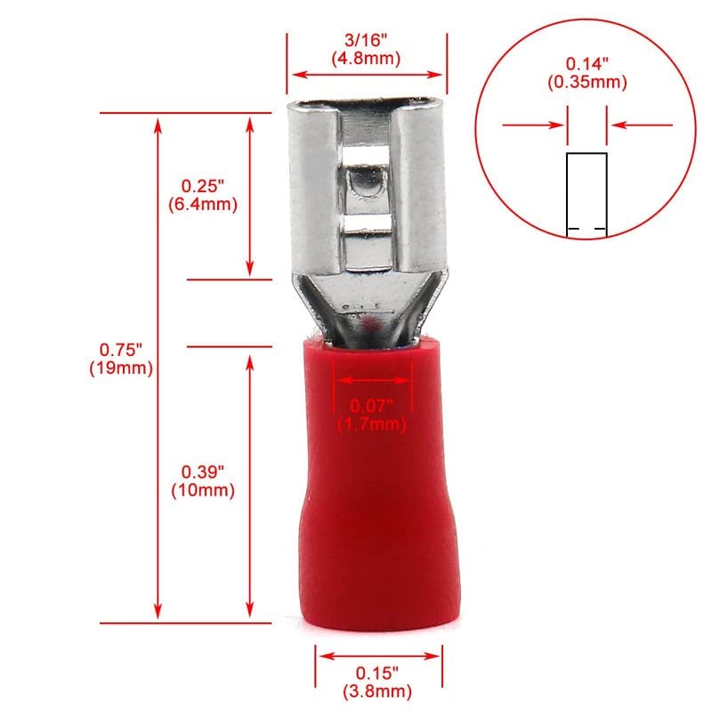 ESPtronics 50 Pcs Female Insulated Spade Wire Crimp Connectors 22-16AWG Crimp Connectors FDD2-250 Copper Crimp Terminals 4.8 x 0.5mm (Width 0.2") Red For Wire Connector 3