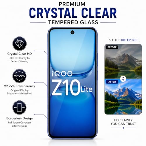 Image of ArmourPro 3D Borderless Tempered Glass for iQOO Z10 Lite, HD Clear Curved Edge to Edge Screen Protector, 9H Hardness, Oleophobic Coating, Case Friendly | Pack of 1