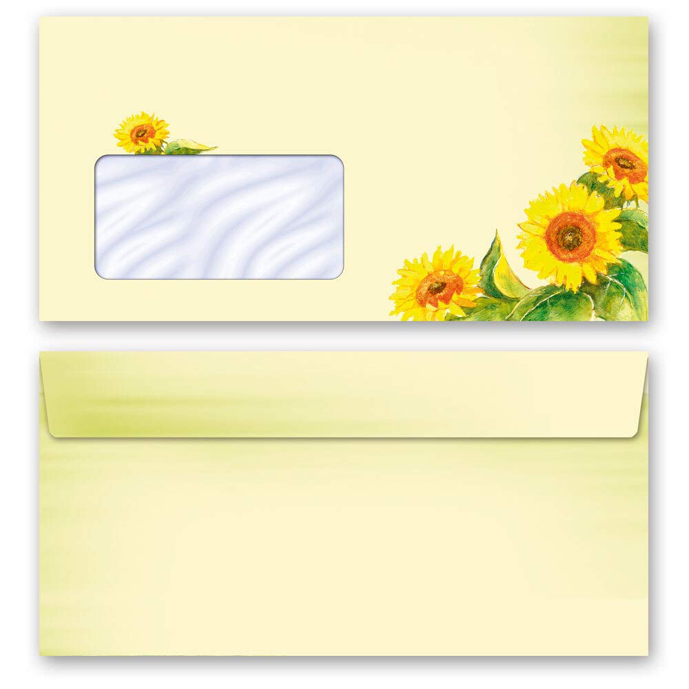 50 envelopes (with Window) Sunflowers Flowers & Petals DIN Long (220x110 mm) | Paper-Media
