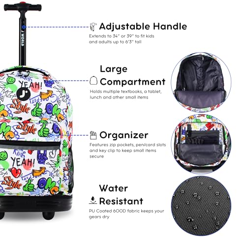 Image of J World Sunrise Kids Rolling Backpack with Wheels for Girls Boys, Roller Bookbag for School, 18 x 13 x 9 Inches, Street Art