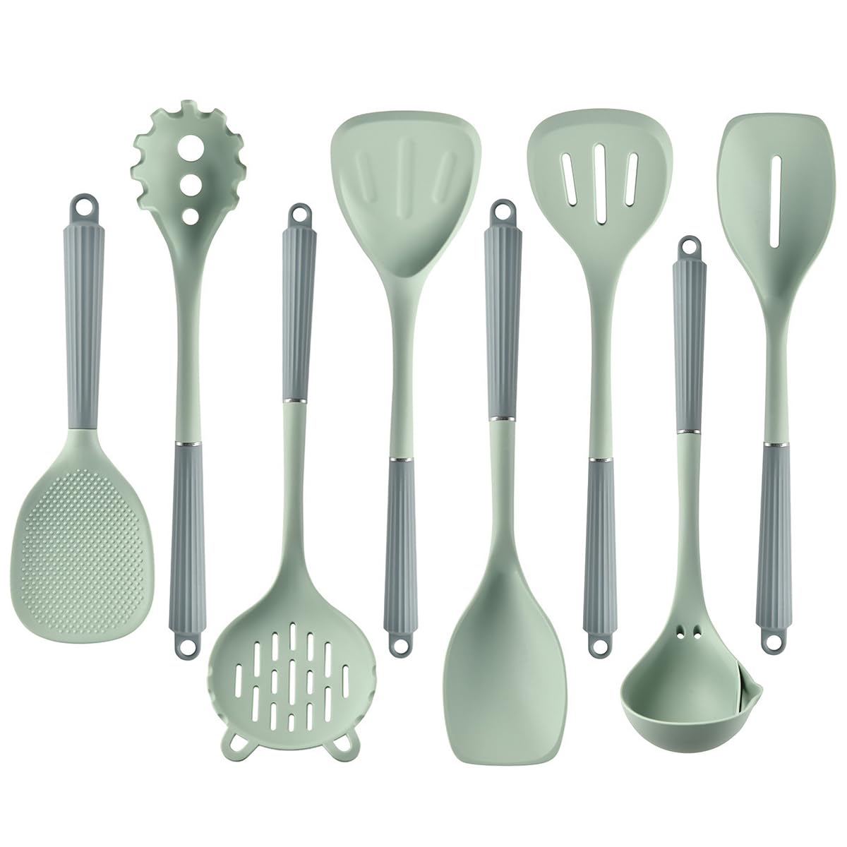 Green Silicone Cooking Utensils Set 8-Piece Heat Resistant Cooking Tools Gadgets Set Non Stick Silicone Spatulas Soup and Oil Separating Ladle Rice Spoon Kitchen Utensils