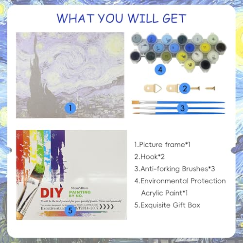 Image of HASTHIP DIY Painting Kit with Frame, Starry Night Painting By Number, Canvas Oil Painting Set for Beginners Children's Day Gift, 15.7x19.6 inches