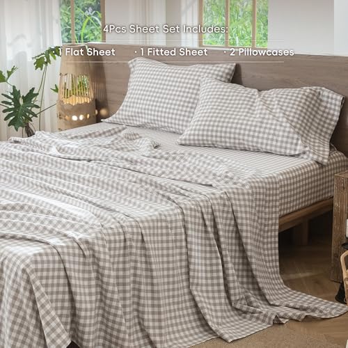 Image of MooMee Gingham Sheet Set 100% Washed Cotton Linen Like Textured Breathable Soft w /Fully Elasticized 16-19 inch Deep Pocket (Classic Gingham Tannish Linen Grey, Queen)