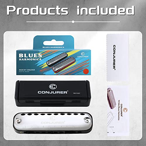 Image of CONJURER Harmonica Key of C, 10 Hole 20 Tone Stanadard Diatonic Blues Harmonica with Case, Mouth Organ Harp for Beginner, Adult, Kids, Professional, Students, Friends, Gifts (Black,1007)