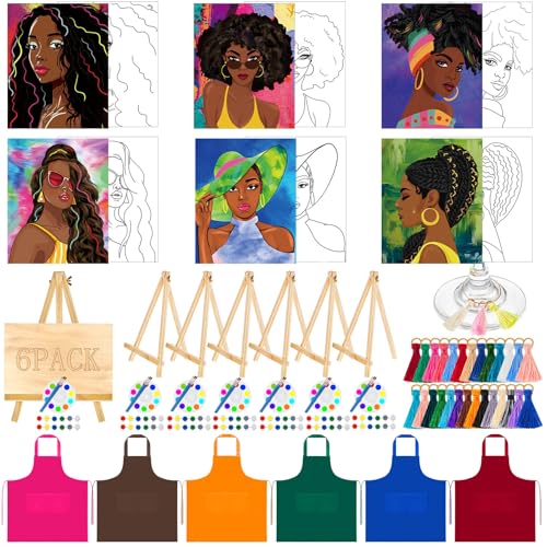 Affrolling 6 Sets Sip and Paint Kit Pre Drawn Canvas Painting Set Pre Drawn Stretch Canvas Kit for Painting(Afro Girl)