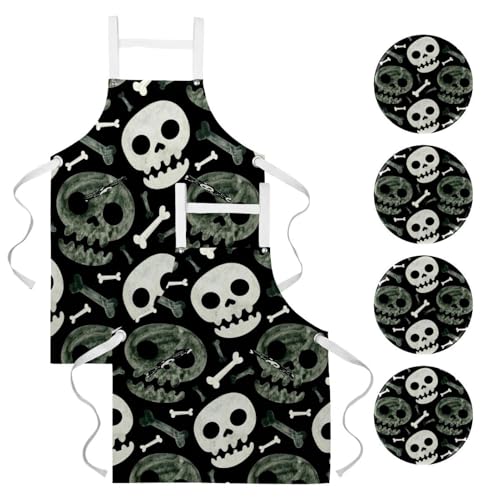 Tabliers de cuisine Halloween à motif crânes avec 4 broches pour bar et bistrot
