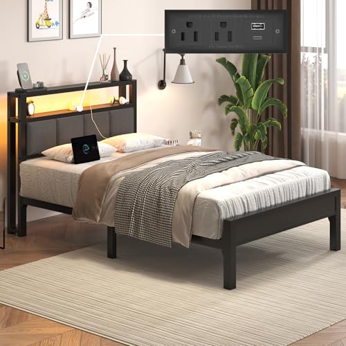 Image of E-Motie Twin Size Bed Frame with LED Lights and Charging Station, Wood Storage Headboard with 2-Tier Shelves, Heavy Duty Metal Slats, No Box Spring Need, Noise Free, Easy Assembly, Light Grey