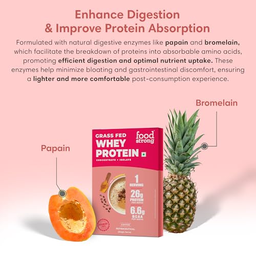 Image of Foodstrong Whey Protein Powder (Concentrate + Isolate), 100% Hormone Free Grass-Fed Whey, 26G Protein & 6.6G BCAA, Coffee, With Turmeric & Digestive Enzymes, 35G