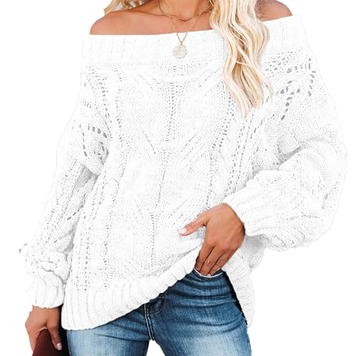 Fall Sweaters Off Shoulder Long Sleeve Crochet Hollow Out Pullover Top Winter Casual Chunky Cable Knit Sweater for Women