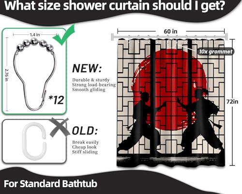 Image of Japanese Shower Curtain Japan Anime Asian Black and Red Shower Curtains for Manly Bathroom Decor Sets, Waterproof Cloth Fabric with Hooks, 60x72 Inch