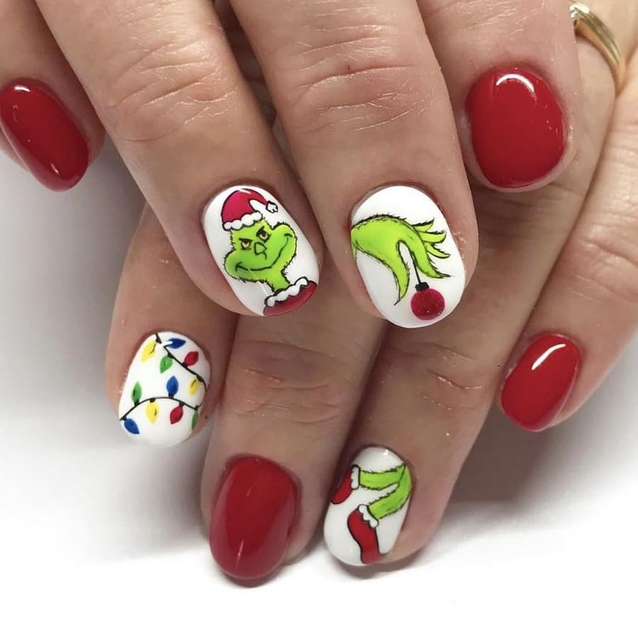 24pcs Cute Christmas Press-on Nails - Short, Square, Red, Nude, Green Monster Christmas Hat Designs - Glossy Acrylic, Winter Stick-on Nails for Women