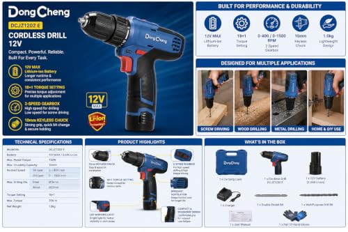 Image of DongCheng Cordless Drill 12 V | 10 mm | 35 N.m Torque | 2 Speed Mode | 1 x Battery | 1 x Charger | 1 x MultiPurpose Drill Bit | 1 x ScrewDriver Bit | 1 x Pair Of Hand Gloves | DCJZ1202 E |