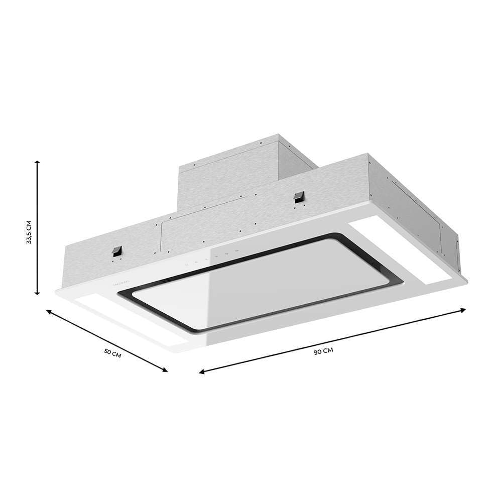 Cecotec Hotte Aspirante 90cm Plafond Intégrable Bolero Flux Tir 908000 Glass White A++. Finition Verre Blanc, Aspiration 800M3/H, Télécommande, Filtre Charbon, Booster