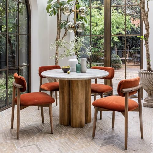 Image of Round Marble Top Dining Table for 4 Seater - Solid Mango Wood Base, Modern Contemporary Style, 47-Inch Compact Table for Dining Room, Kitchen or Cafe - Chairs Not Included