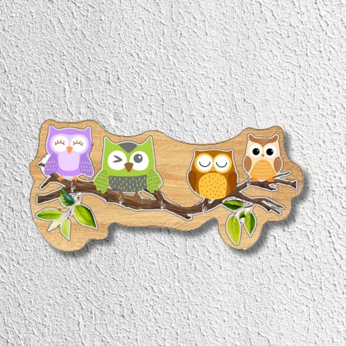 Image of Wooden Colourful Owl Wall Mount Key Hanger for Home Office Decorative Wall Mounted Stylish Key Hanger for Home Decor (Four Owl)