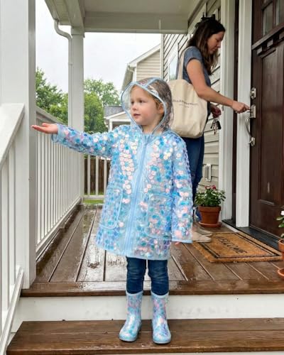 Image of WELAKEN Girls Sequin Raincoat Waterproof Reusable Hooded Outwear Rain Jacket with Lining