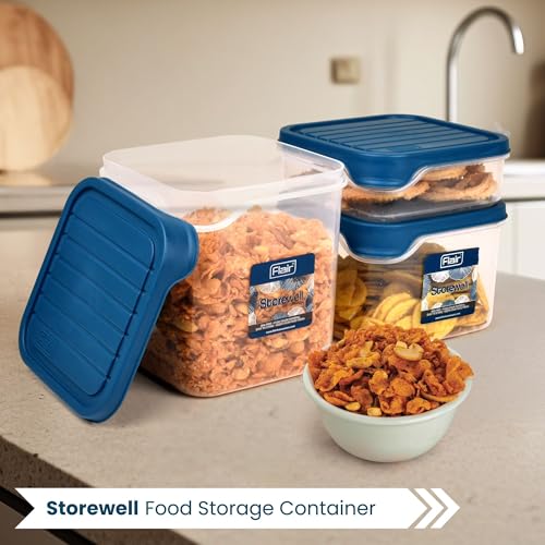 Image of FLAIR Storewell Square Plastic Food Storage Container Set, Airtight Kitchen Containers for Rice, Atta & Grains, BPA-Free, Food Grade Storage Boxes (Blue, Set of 3 (.55L, 1.15L, 1.8L))