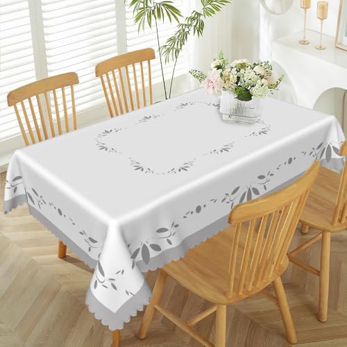 TTQYFNM 52x70inches White Grey Rectangle Tablecloth Minimalism Grey Leaves Bordered Farmhouse Table Cloth Waterproof and Stain Resistant Fabric Table Cover for Kitchen Dining Room Patio Home Decor