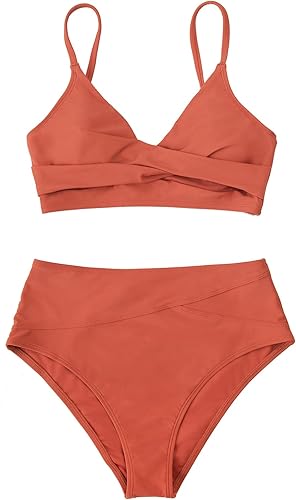 Miniatura 4 de CUPSHE Conjunto de bikini de dos piezas para mujer, traje de baño de cintura alta, cuello en V, nudo frontal, tirantes delgados ajustables