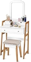 Vista 8 de CHARMAID Escritorio pequeño con espejo, escritorio de maquillaje blanco con 3 cajones, alturas ajustables, tocador compacto para dormitorio
