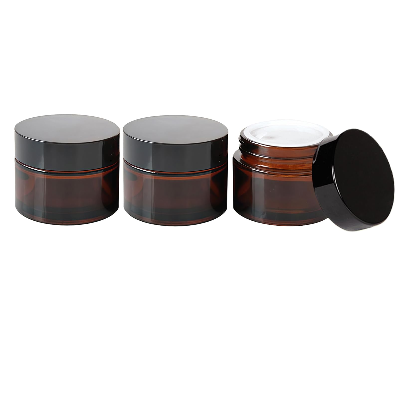 Ericotry Brown 3 Pcs Amber Glass Jars Refillable Cosmetic Sample Bottles Jar Empty Face Cream Lip Balm Lotion Essential Oils Storage Container Pot Bottle With Inner Liners And Black Lids (50Ml)