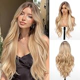 Allbell Blonde Perücke für Frauen, Lange Locken-Perücke mit Vorhangpony, 71 cm, Synthetikhaare, Für den Alltag
