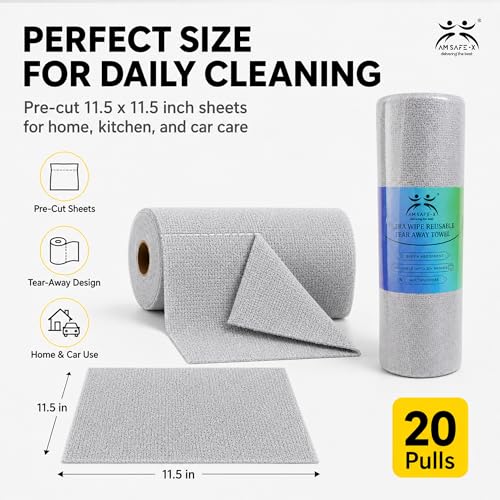Image of AM Safe-X Microfiber Cleaning Cloth Roll 20Pcs | 10X Cheaper Than Paper Kitchen Towel Roll | Ultra Absorbent Lint Free Washable & Reusable Cleaning Towels for Kitchen 4000 Times Multi-Purpos Cleaning