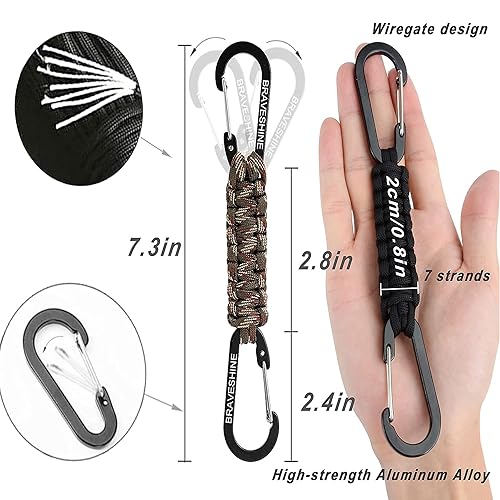Image of BRAVESHINE Paracord Keychain Carabiner Clip, D Ring Lanyard Hanger Stroller Hook for Water Bottle, Key, Backpacks, Men, Women