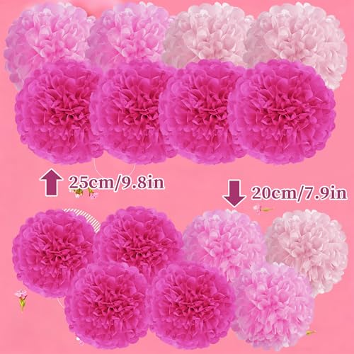 Image of Hot Pink Tissue Pom Poms Paper Flowers Hanging Decorations Pink Flower Ball for Mother's Day Baby Shower Wedding Nursery Birthday Party Backdrop Home Outdoor