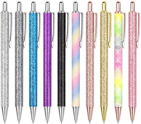 10 PCS Ballpoint Pens, Glitter Rose Gold Click Ball Pens, Metal Retractable Pen, Black Ink Medium Point 1mm, Gifts and Office Supplies