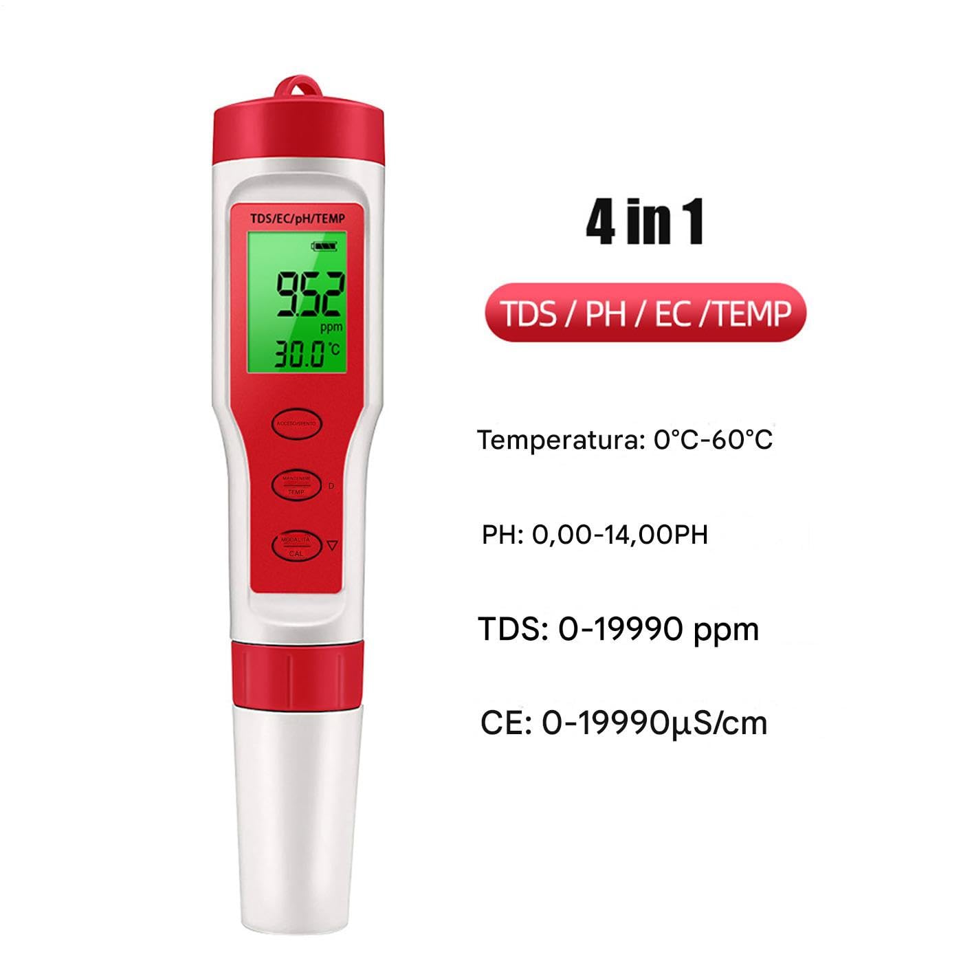 Medidor de pH para agua | Comprobador sensor EC | Instrumento digital 4 en 1 con calibración temp y calibración automática para resultados precisos rápidos | Monitorización del pH 'agua para