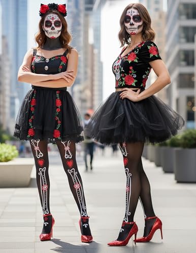 Image of ToBeInStyle Women's Sugar Skull Dia de los Muertos La Catrina Skeleton Bones Tights & Thigh High Stockings
