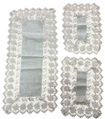 Corredocasa Tris Centrini Ricamati a Mano Misto Lino Set 1 Runner da Tavola Rettangolare e 2 Centri Tavola Centrini Moderni per Mobili Cucina Sala da Pranzo e Camera da Letto (Beige)