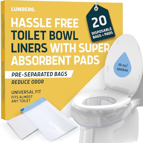 Lunderg Toilet Liners with Lemon Super Absorbent Pads - Value Pack 20 Disposable Toilet Bags - Universal Fit - Convert any WC into a Dry Flush - Emergency & Natural Disaster Preparedness Must Have