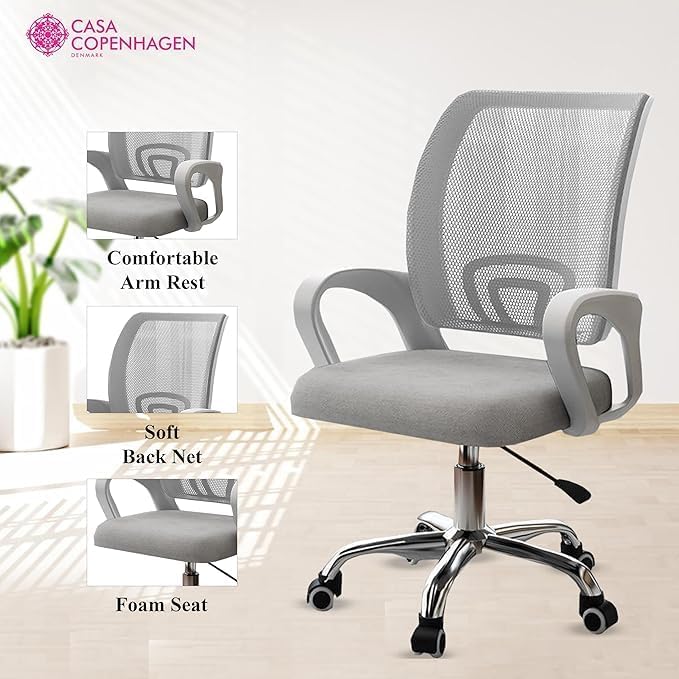 Image of Casa Copenhagen Mesh Mid Back Office /Study /Computer /Revolving /Desk Chair for Work from Home -Metal Base, Height Adjustable Seat - Solid Grey & White Handle